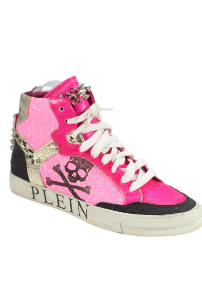 Philipp Plein Womens Leather Studded Skull High Top Sneakers Pink Size 37 7