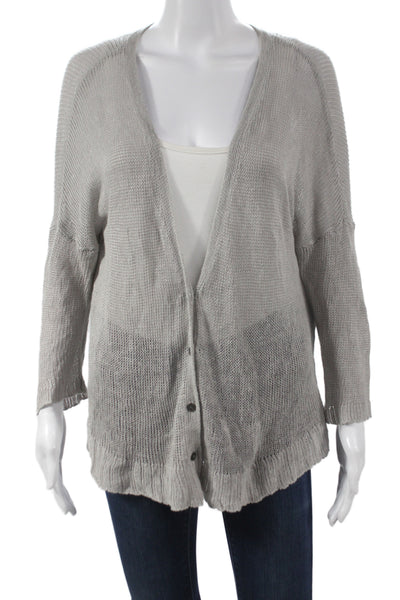 Eileen Fisher Womens Linen V Neck Long Sleeve Cardigan Gray Size M