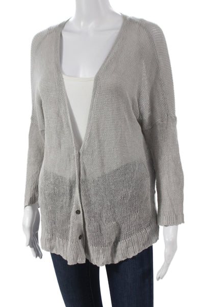 Eileen Fisher Womens Linen V Neck Long Sleeve Cardigan Gray Size M