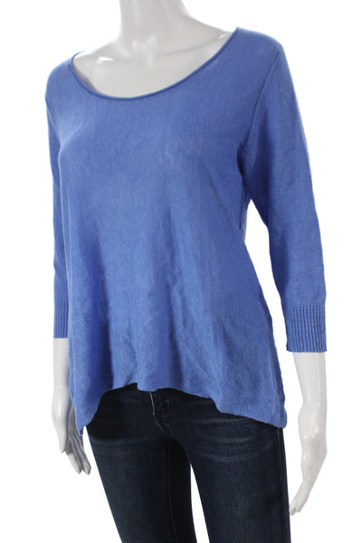 Eileen Fisher Women Blue Linen Scoop Neck Pullover Sweater 3/4 Sleeve Size S