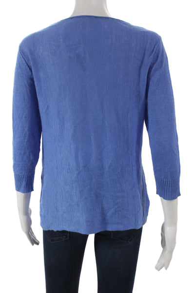 Eileen Fisher Women Blue Linen Scoop Neck Pullover Sweater 3/4 Sleeve Size S