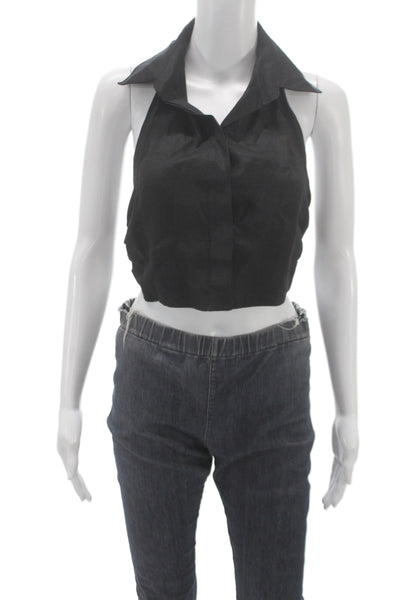 Designer Womens Cropped Black Linen Sleeveless Collared Button Blouse Size XS