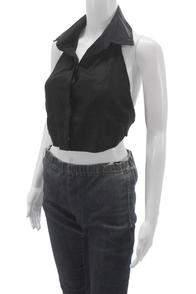 Designer Womens Cropped Black Linen Sleeveless Collared Button Blouse Size XS