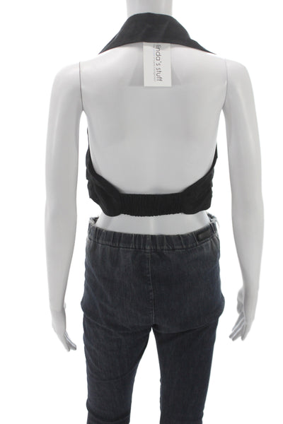 Designer Womens Cropped Black Linen Sleeveless Collared Button Blouse Size XS