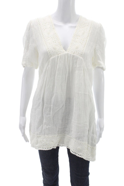 Zara Women Tunic Blouse White V Neck Short Sleeve 100% Cotton Boho Size XS