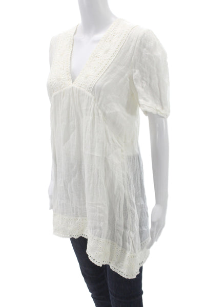 Zara Women Tunic Blouse White V Neck Short Sleeve 100% Cotton Boho Size XS