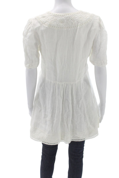 Zara Women Tunic Blouse White V Neck Short Sleeve 100% Cotton Boho Size XS