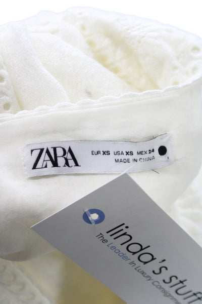 Zara Women Tunic Blouse White V Neck Short Sleeve 100% Cotton Boho Size XS