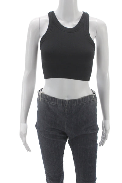 Alo Women Ribbed High Neck Sleeveless Tank Black Athleisure Size XS