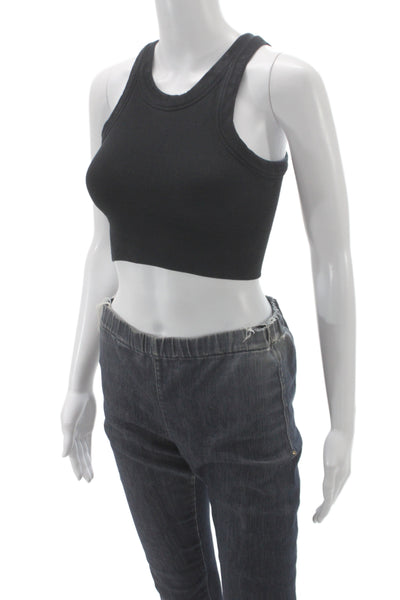 Alo Women Ribbed High Neck Sleeveless Tank Black Athleisure Size XS