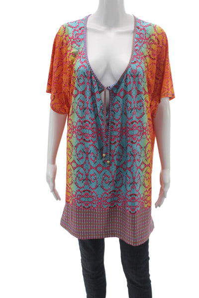 Nanette Lepore Womens Blue Geometric Scoop Neck Short Sleeve Blouse Size L