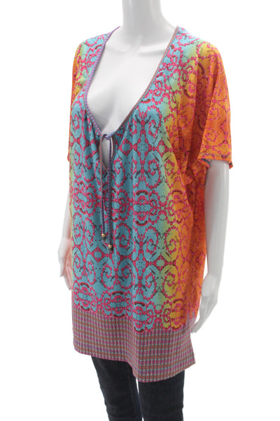 Nanette Lepore Womens Blue Geometric Scoop Neck Short Sleeve Blouse Size L
