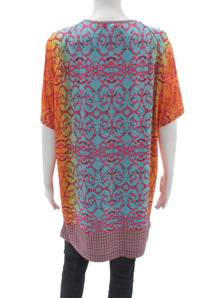Nanette Lepore Womens Blue Geometric Scoop Neck Short Sleeve Blouse Size L