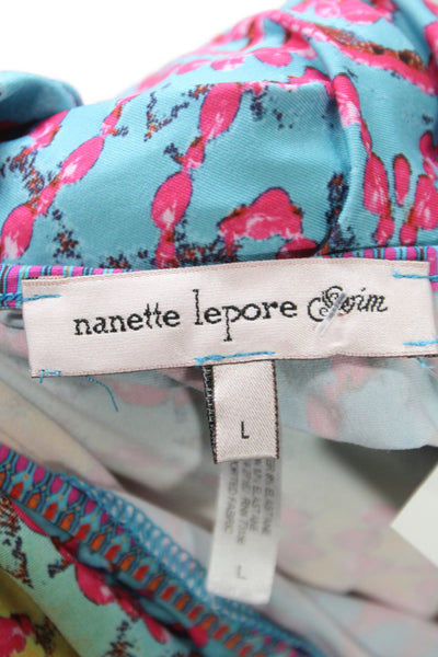 Nanette Lepore Womens Blue Geometric Scoop Neck Short Sleeve Blouse Size L