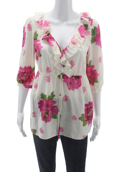 Juicy Couture Women Tunic Blouse Ivory Floral V-Neck 3/4 Sleeve Cotton Size 8
