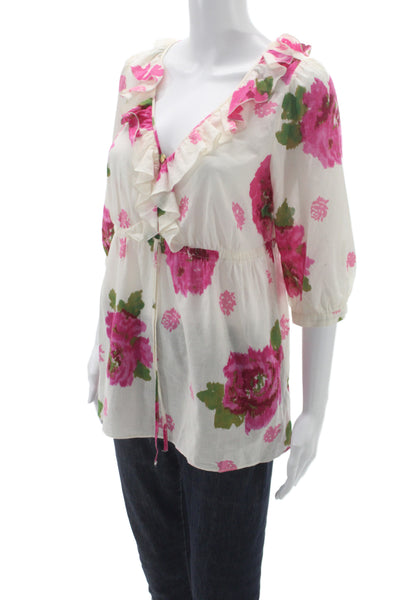 Juicy Couture Women Tunic Blouse Ivory Floral V-Neck 3/4 Sleeve Cotton Size 8