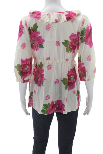 Juicy Couture Women Tunic Blouse Ivory Floral V-Neck 3/4 Sleeve Cotton Size 8