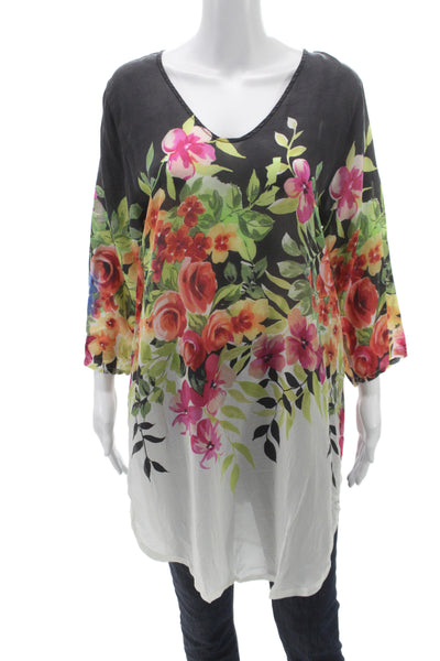 Johnny Was Women Floral V-Neck Tunic Blouse Black 3/4 Sleeve Cupra Size M