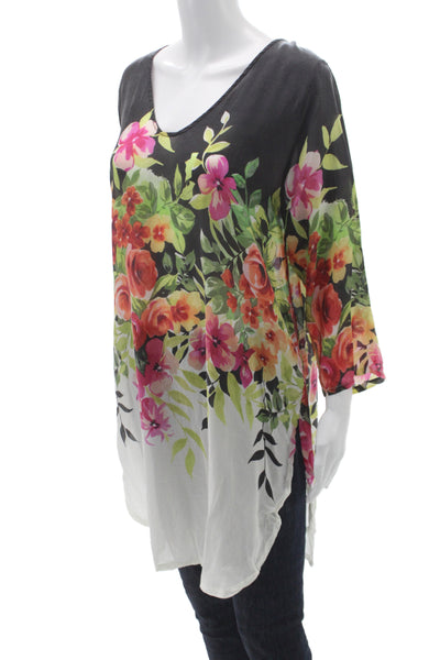 Johnny Was Women Floral V-Neck Tunic Blouse Black 3/4 Sleeve Cupra Size M