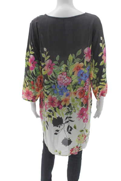Johnny Was Women Floral V-Neck Tunic Blouse Black 3/4 Sleeve Cupra Size M