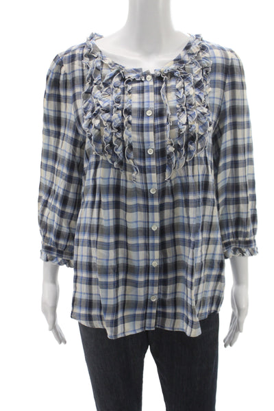 Juicy Couture Women Plaid Tunic Blouse Blue 3/4 Sleeve Round Neck Cotton Size 8