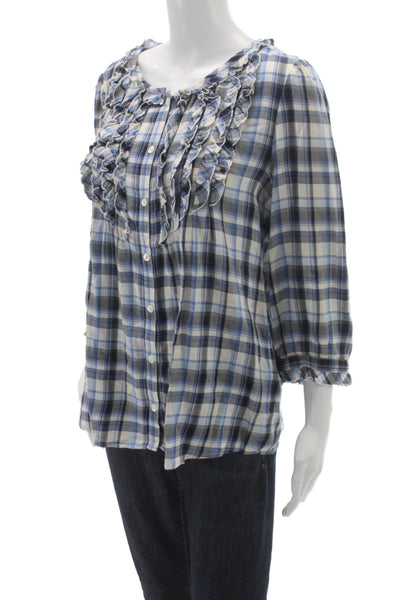 Juicy Couture Women Plaid Tunic Blouse Blue 3/4 Sleeve Round Neck Cotton Size 8