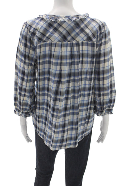 Juicy Couture Women Plaid Tunic Blouse Blue 3/4 Sleeve Round Neck Cotton Size 8