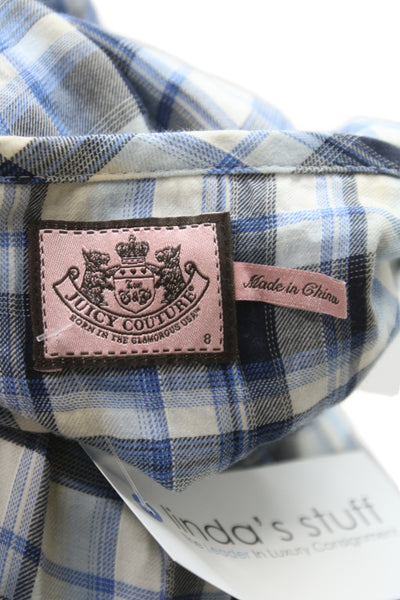 Juicy Couture Women Plaid Tunic Blouse Blue 3/4 Sleeve Round Neck Cotton Size 8