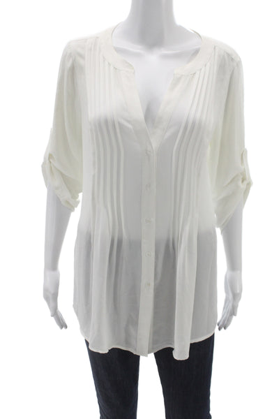 BCBGMAXAZRIA Womens Tunic Blouse White V-Neck 3/4 Sleeve 100% Polyester Size M