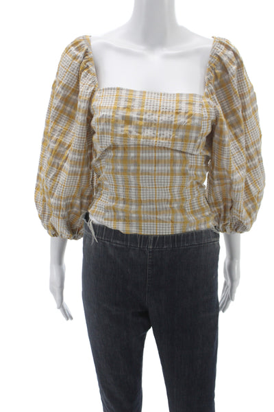 Maeve Anthropologie Women Cropped Blouse White Gingham 3/4 Sleeve Size M
