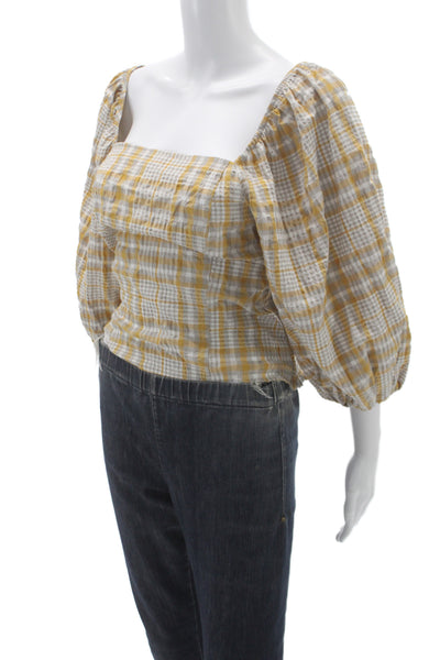 Maeve Anthropologie Women Cropped Blouse White Gingham 3/4 Sleeve Size M