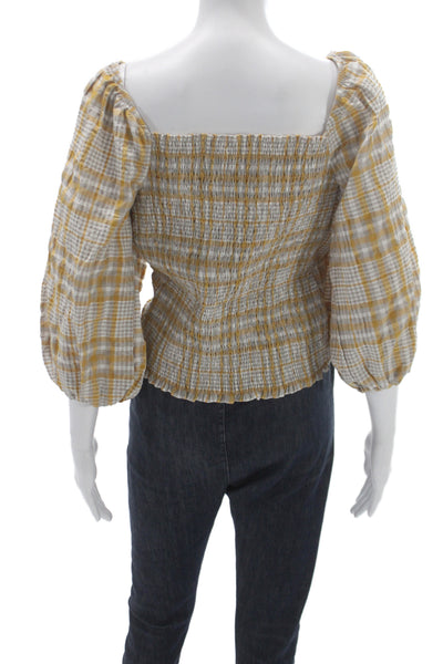 Maeve Anthropologie Women Cropped Blouse White Gingham 3/4 Sleeve Size M