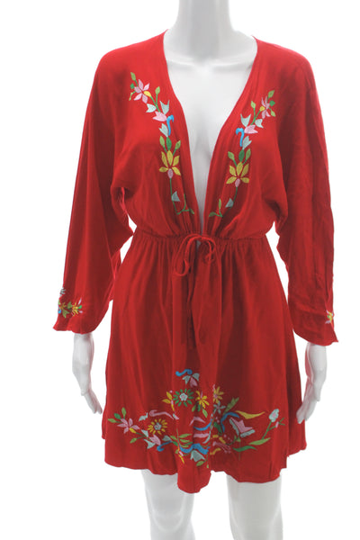 Debbie Katz Women Blouson Floral Red V-Neck Mini Dress Long Sleeve Size XL