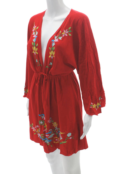 Debbie Katz Women Blouson Floral Red V-Neck Mini Dress Long Sleeve Size XL