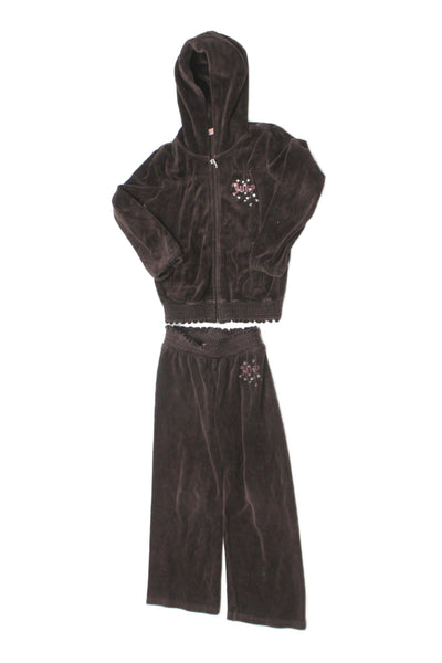 Juicy Couture Girls Cotton Full Zip Hooded Velvet Tracksuit Set Brown Size 6