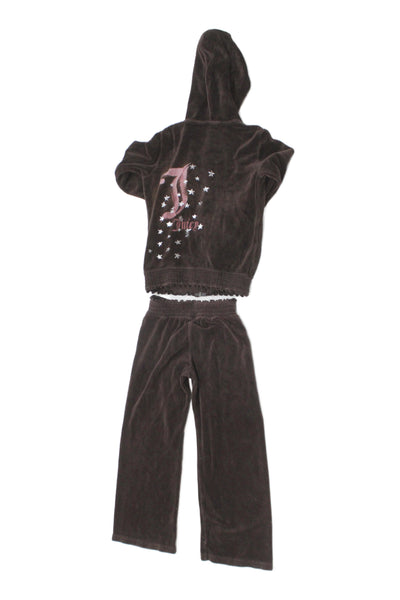 Juicy Couture Girls Cotton Full Zip Hooded Velvet Tracksuit Set Brown Size 6