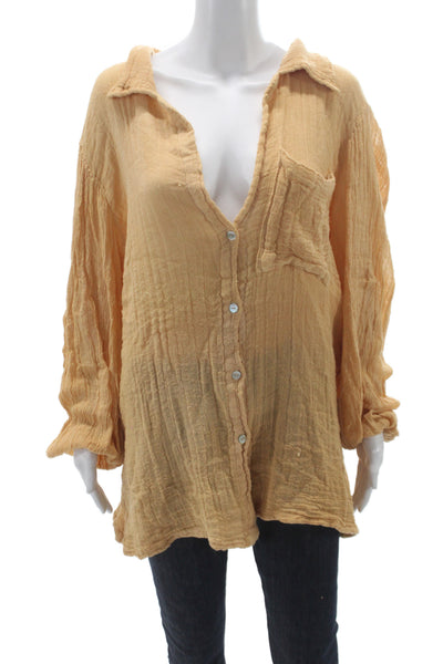 Jens Pirate Booty Women Boho Yellow Gauze Tunic Button-Up Long-Sleeve Size S