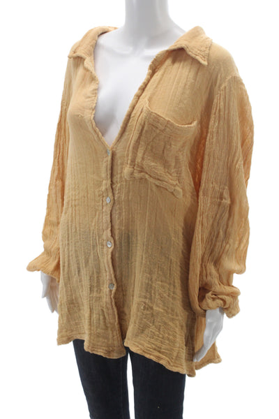 Jens Pirate Booty Women Boho Yellow Gauze Tunic Button-Up Long-Sleeve Size S