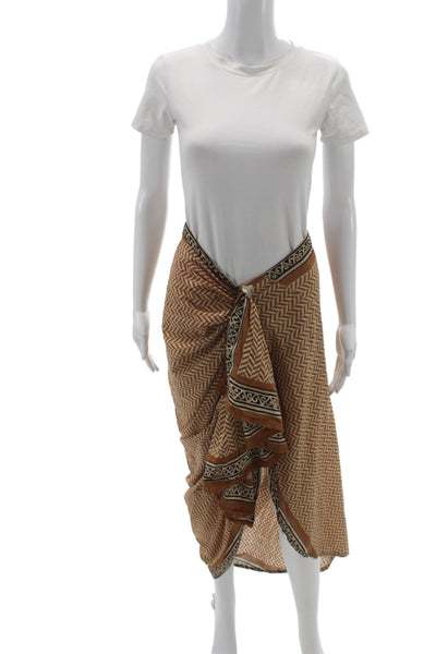 Guadalupe Women Wrap Skirt Beige Herringbone Midi Cotton Pull On Size M
