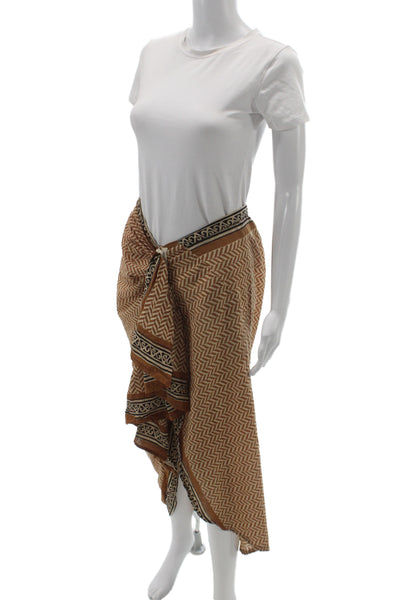 Guadalupe Women Wrap Skirt Beige Herringbone Midi Cotton Pull On Size M