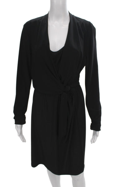 Tahari Womens Wrap Dress Black V-Neck Long Sleeve Knee Length Size M