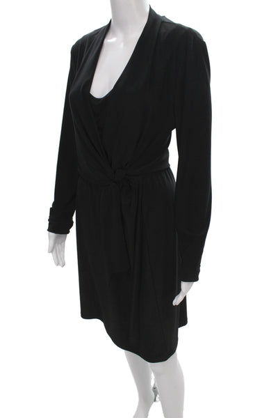 Tahari Womens Wrap Dress Black V-Neck Long Sleeve Knee Length Size M