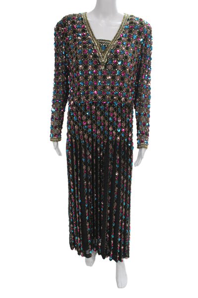 Victoria Royal Womens Sequin V-Neck Midi Long Sleeve Beaded Dress Size 10