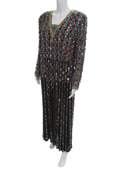 Victoria Royal Womens Sequin V-Neck Midi Long Sleeve Beaded Dress Size 10