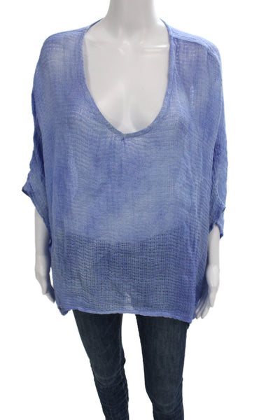 Sunday Women Blue Linen Tunic Blouse Scoop Neck 3/4 Sleeve Size M