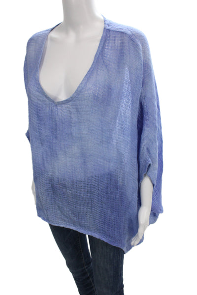 Sunday Women Blue Linen Tunic Blouse Scoop Neck 3/4 Sleeve Size M