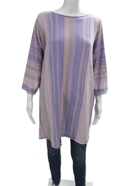 Shi Womens Tunic Blouse Purple Striped Boat Neck 3/4 Sleeve Size One Size