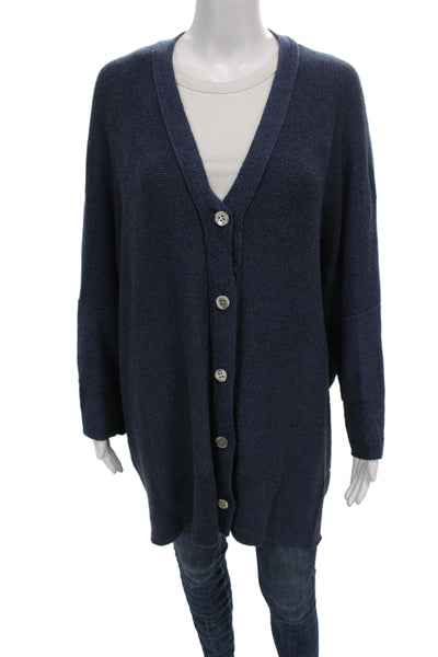 Shi Women Cardigan Blue V-Neck Knit Long Sleeve Solid Size One Size