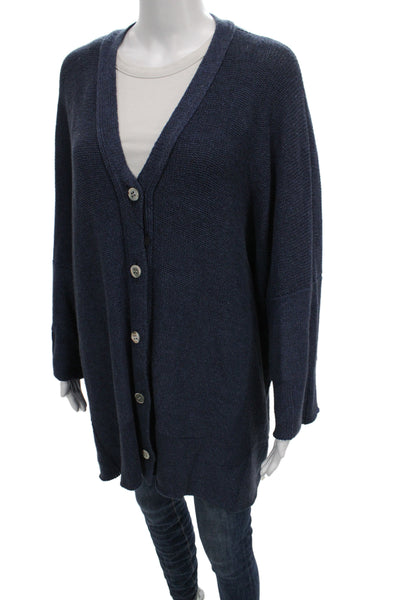 Shi Women Cardigan Blue V-Neck Knit Long Sleeve Solid Size One Size
