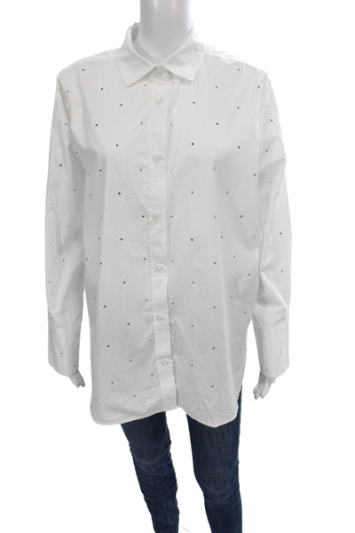 DKNY Jeans Women Tunic Button-Up Long Sleeve Cotton White Rhinestone Size L